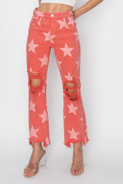 RISEN Distressed Raw Hem Star Pattern Jeans-Authentically Radd Women's Online Boutique in Endwell, New York