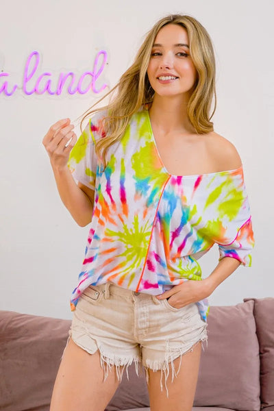 BiBi Tie Dye Print Jersey Stitched V Neck Top-Authentically Radd Women's Online Boutique in Endwell, New York