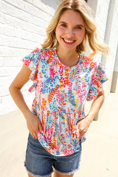 Perfect Find Ivory Floral Leaf Print Short Sleeve Babydoll Top-Authentically Radd Women's Online Boutique in Endwell, New York