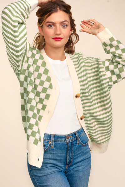 Button Down Checker Stripe Sweater Cardigan-Womens-Authentically Radd Women's Online Boutique in Endwell, New York