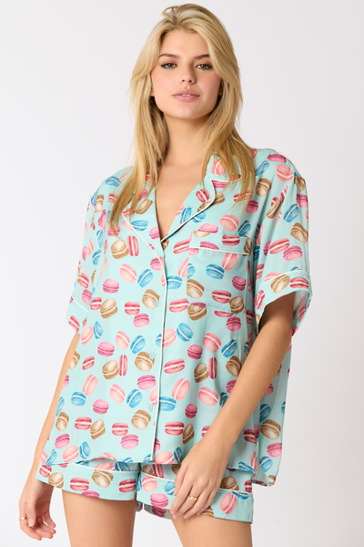 Poly Satin Macarons Printed Pajama Shirt-Tops-Authentically Radd Women's Online Boutique in Endwell, New York