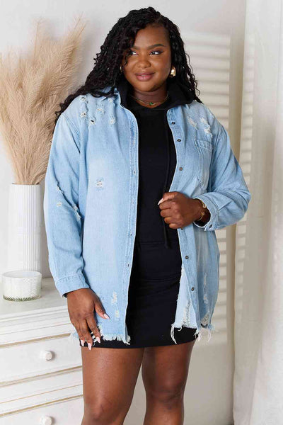 RISEN Full Size Distressed Raw Hem Denim Jacket-Authentically Radd Women's Online Boutique in Endwell, New York