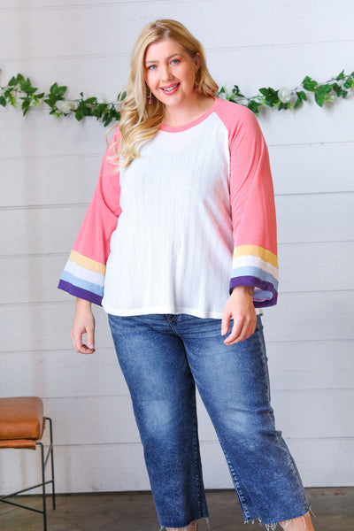 Pink Pointelle Color Block Wide Sleeve Pullover-Authentically Radd Women's Online Boutique in Endwell, New York