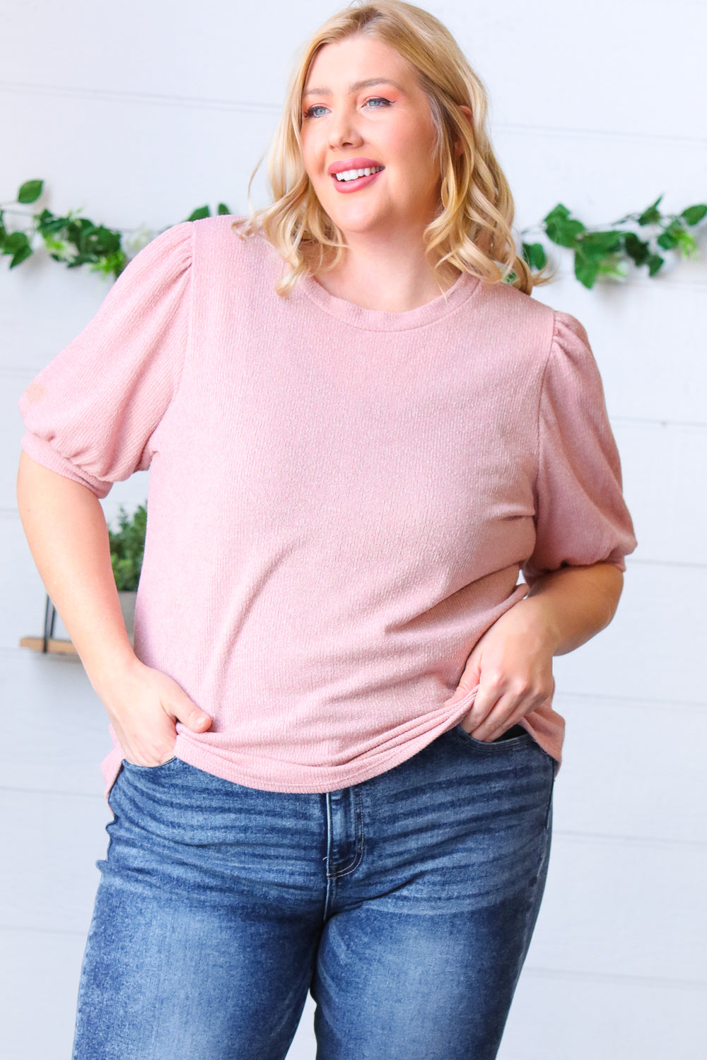 Baby Pink Puff Sleeve Two Tone Sweater Top-Authentically Radd Women's Online Boutique in Endwell, New York