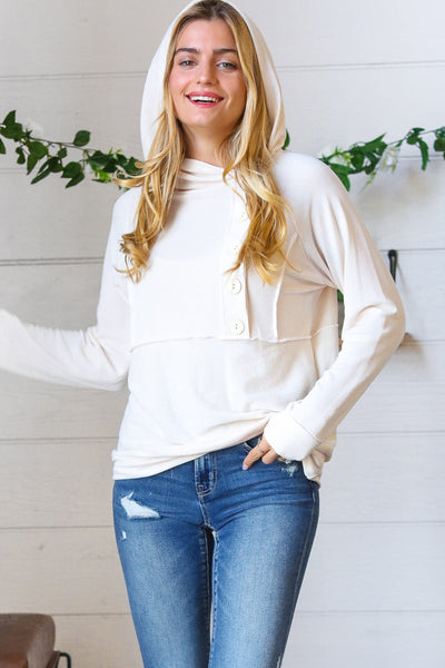 Cream French Terry Button Down Outseam Hoodie-Authentically Radd Women's Online Boutique in Endwell, New York