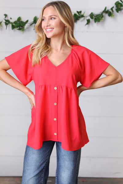 Cherry Red Babydoll Button Down Raglan Woven Top-Authentically Radd Women's Online Boutique in Endwell, New York