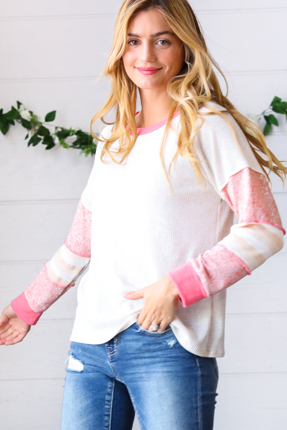 Oatmeal & Coral Slub Rib Floral Color Block Raglan Top-Authentically Radd Women's Online Boutique in Endwell, New York