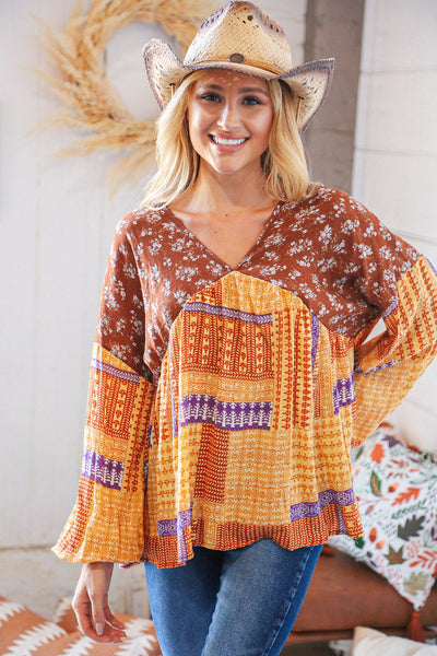 Boho V Neck Crinkle Floral Woven Babydoll Top-Apparel & Accessories-Authentically Radd Women's Online Boutique in Endwell, New York