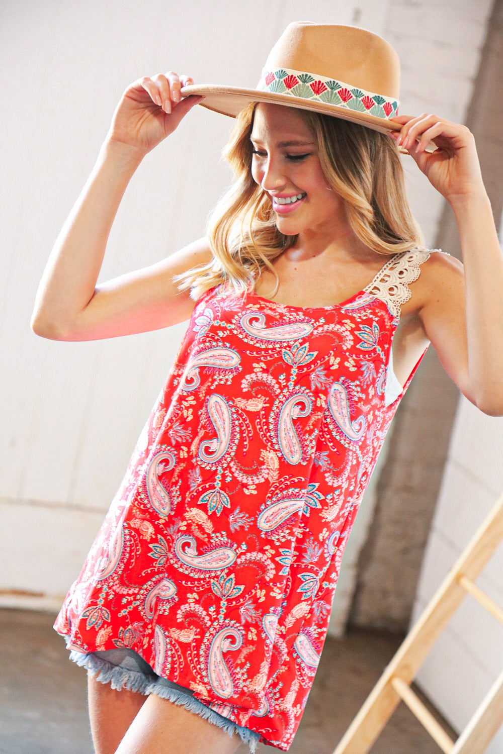 Coral Paisley Scallop Crochet Strap Tank Top-Authentically Radd Women's Online Boutique in Endwell, New York