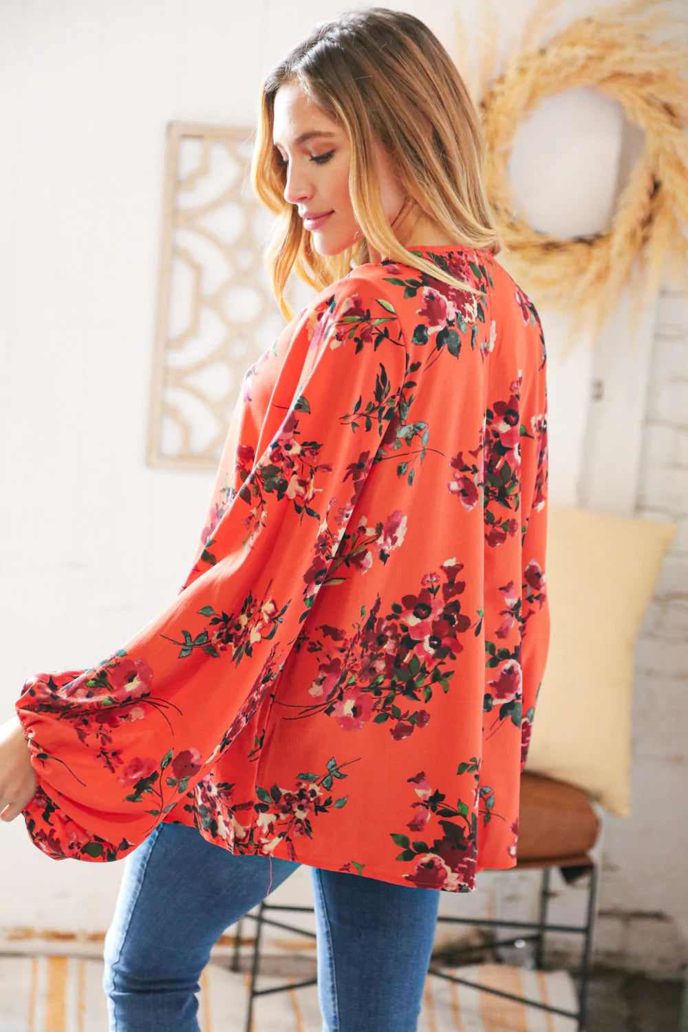 Sunset Floral V Neck Wool Dobby Top-Authentically Radd Women's Online Boutique in Endwell, New York