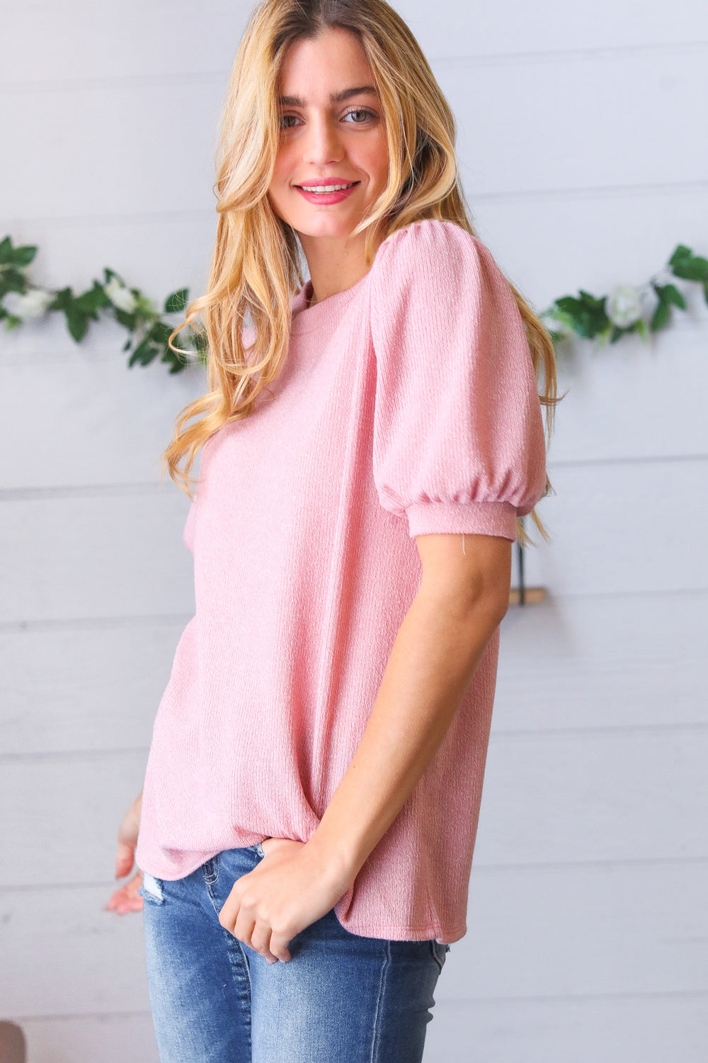 Baby Pink Puff Sleeve Two Tone Sweater Top-Authentically Radd Women's Online Boutique in Endwell, New York