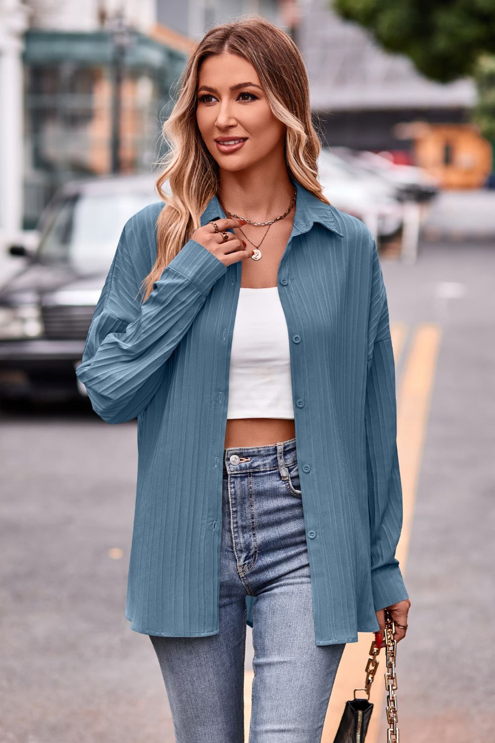 Slit Dropped Shoulder Longline Shirt-Authentically Radd Women's Online Boutique in Endwell, New York