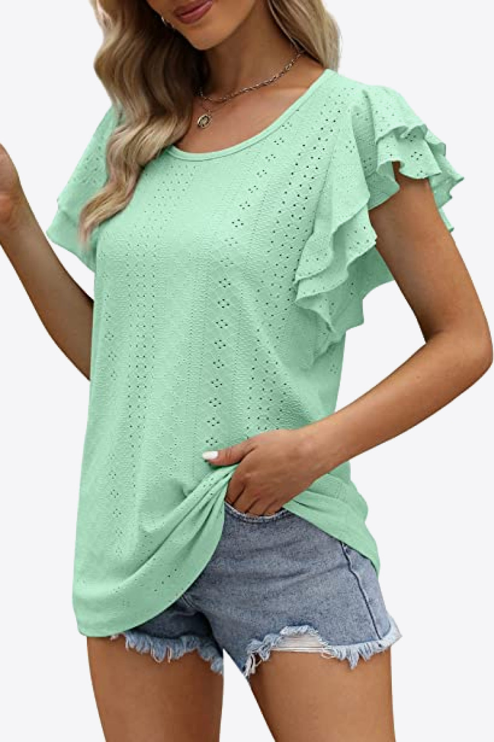 Round Neck Layered Flutter Sleeve Blouse-Authentically Radd Women's Online Boutique in Endwell, New York