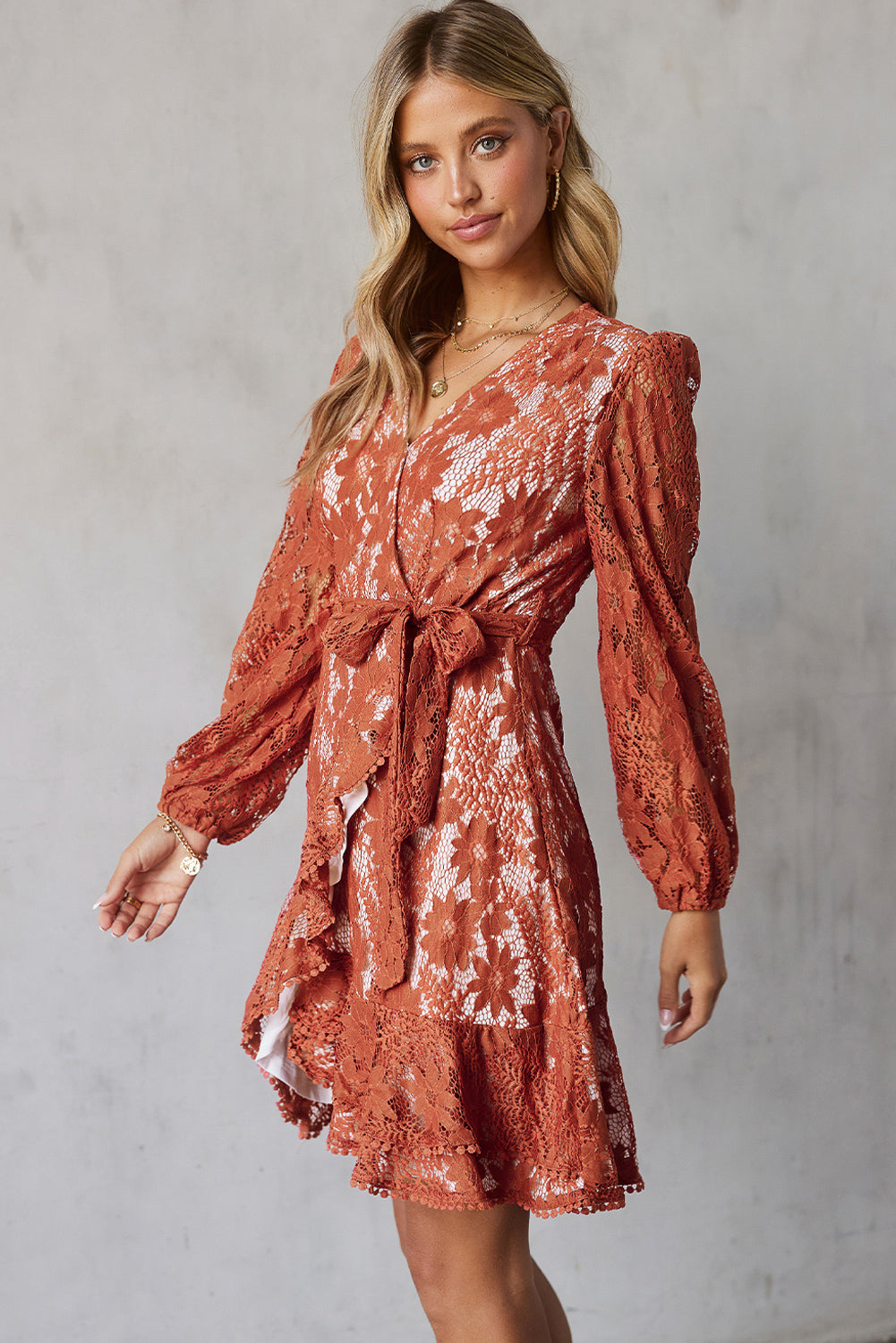 Pompom Trim Puff Sleeve Belted Lace Dress-Authentically Radd Women's Online Boutique in Endwell, New York