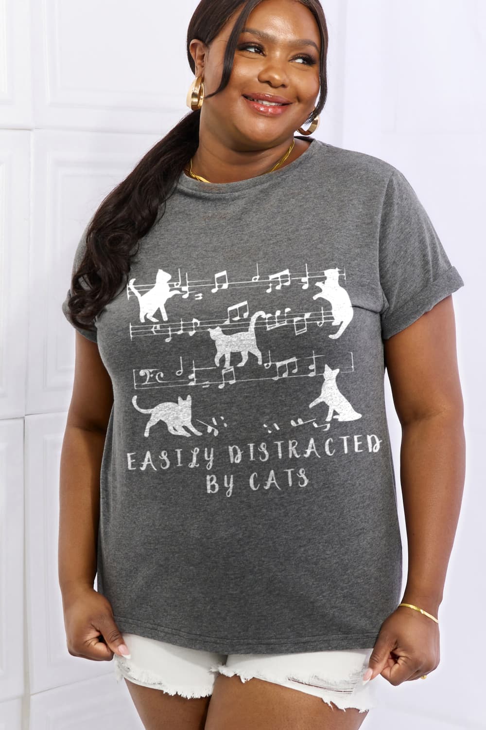 Simply Love Full Size EASILY DISTRACTED BY CATS Graphic Cotton Tee-Authentically Radd Women's Online Boutique in Endwell, New York
