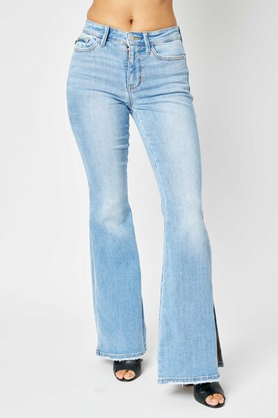 Judy Blue Full Size Mid Rise Raw Hem Slit Flare Jeans-Authentically Radd Women's Online Boutique in Endwell, New York