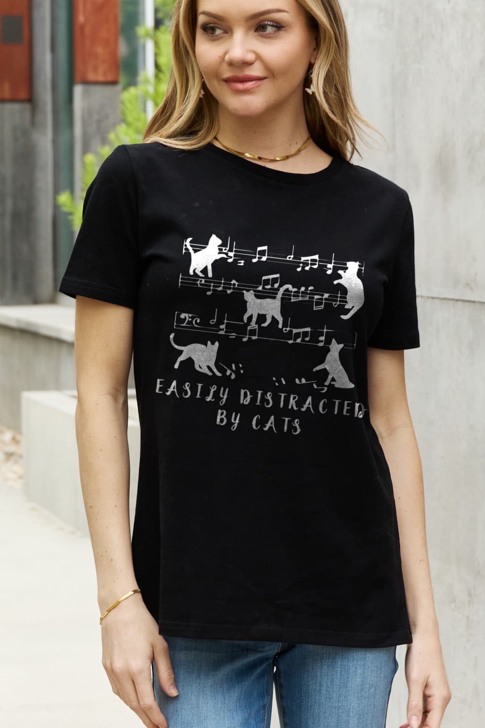 Simply Love Full Size EASILY DISTRACTED BY CATS Graphic Cotton Tee-Authentically Radd Women's Online Boutique in Endwell, New York
