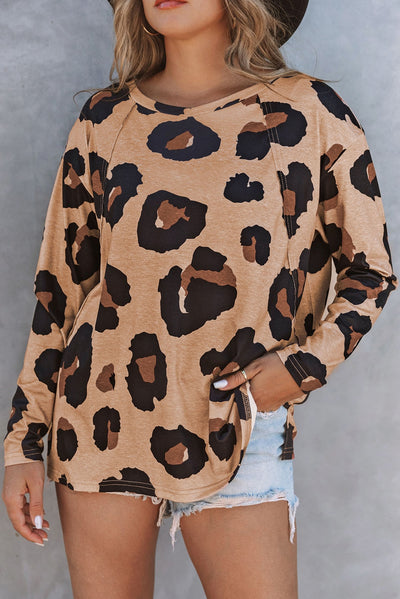 Leopard Print Round Neck Long Sleeve Tee-Authentically Radd Women's Online Boutique in Endwell, New York