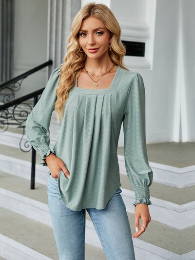 Ruched Square Neck Lantern Sleeve Blouse-Authentically Radd Women's Online Boutique in Endwell, New York