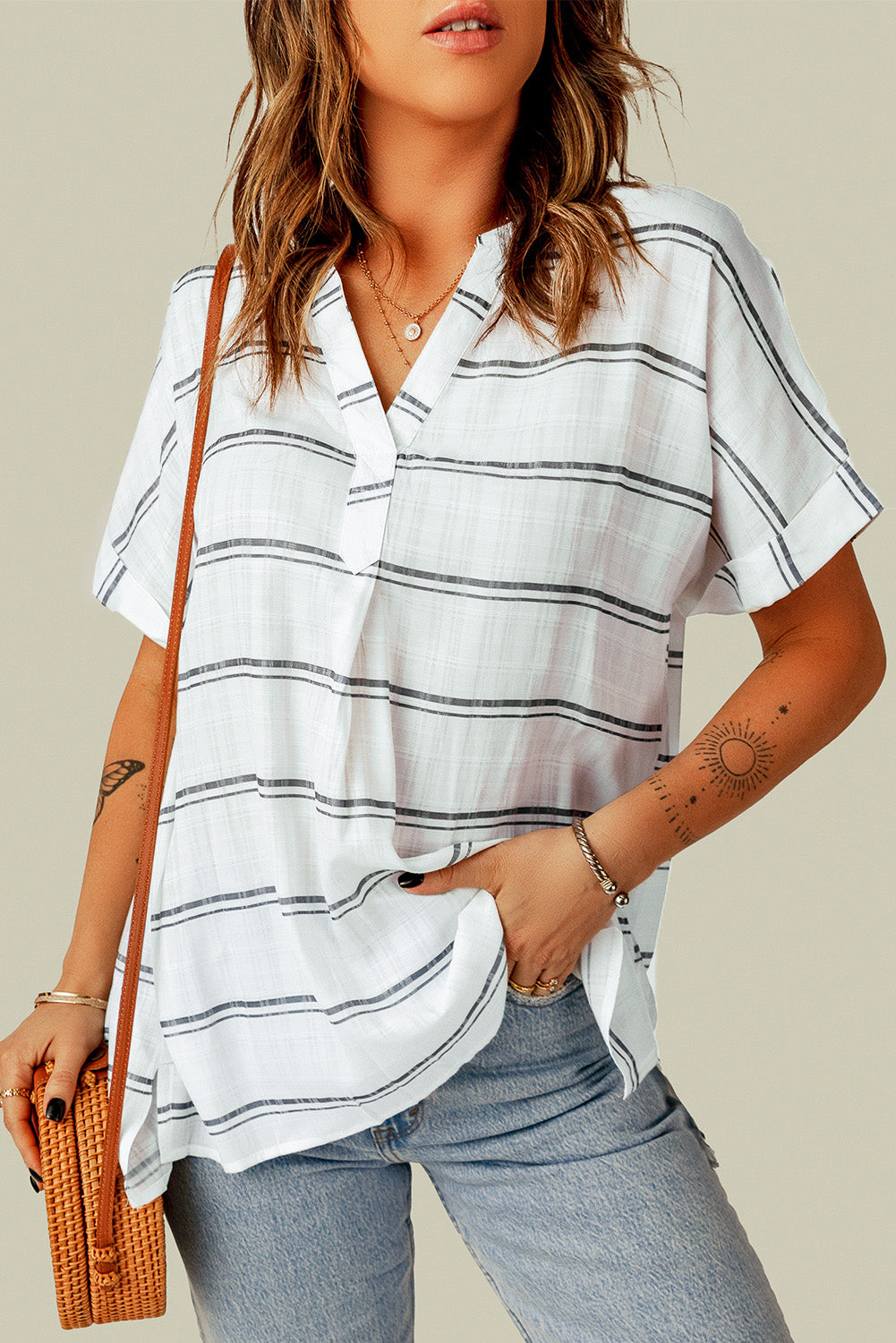 Notched Side Slit Cuffed Blouse-Tops-Authentically Radd Women's Online Boutique in Endwell, New York