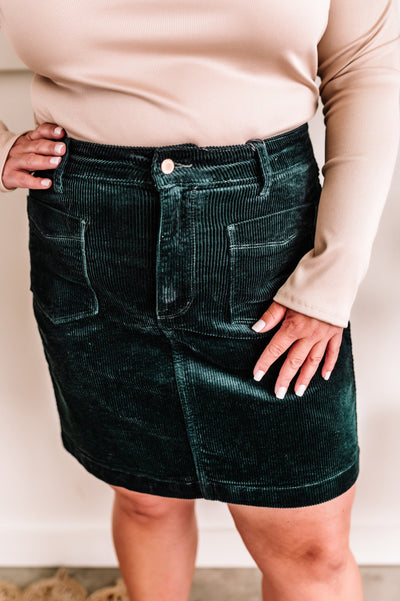 High Waisted Corduroy Skirt In Emerald By Judy Blue Jeans-Authentically Radd Women's Online Boutique in Endwell, New York