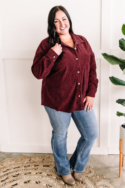 Long Sleeve Button Front Corduroy Top In Wine-Authentically Radd Women's Online Boutique in Endwell, New York