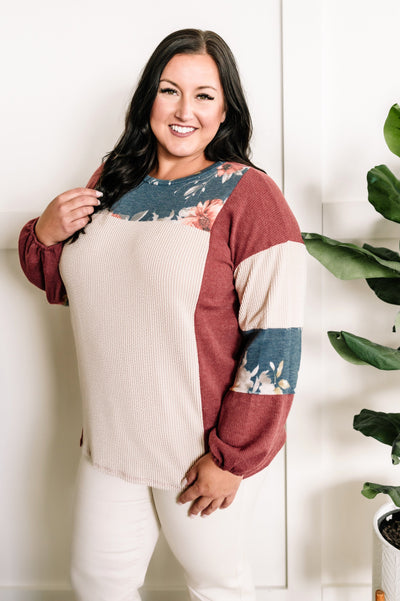 Cream Color Block Top In Rustic Fall Florals-Authentically Radd Women's Online Boutique in Endwell, New York