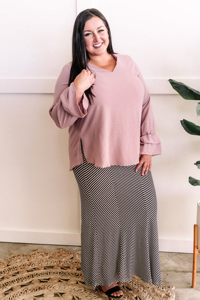 V Neck Blouse With Double Ruffle Sleeve Detail In Mauve-Authentically Radd Women's Online Boutique in Endwell, New York