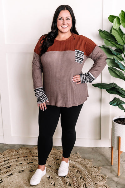 Waffle Knit Long Sleeve Top In Rust & Beige With Snowflake Detail-Authentically Radd Women's Online Boutique in Endwell, New York