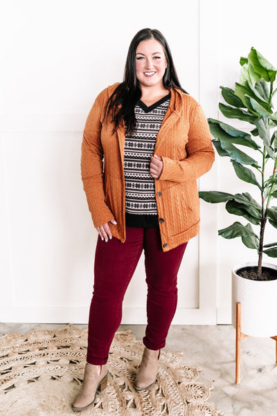 Cable Knit Hooded Cardigan In Burnt Orange-Authentically Radd Women's Online Boutique in Endwell, New York