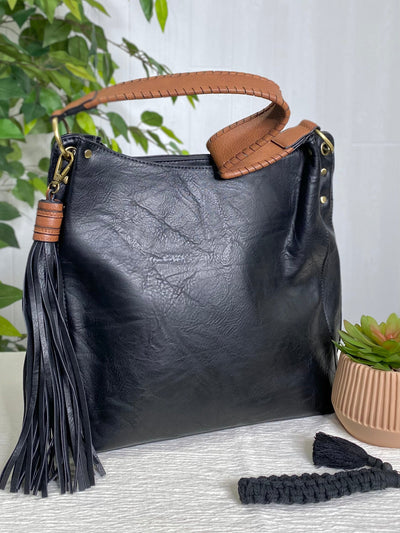 Amber Three Compartment Tassel Hobo Bag in Black-Accessories-Authentically Radd Women's Online Boutique in Endwell, New York