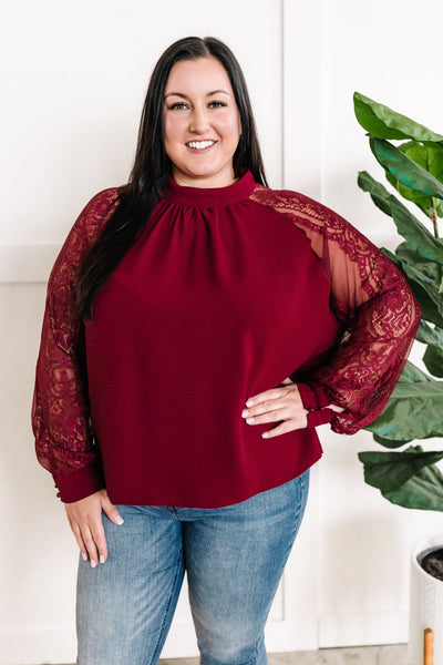 Mock Neck Blouse With Lace Detailed Sleeves In Berry-Authentically Radd Women's Online Boutique in Endwell, New York
