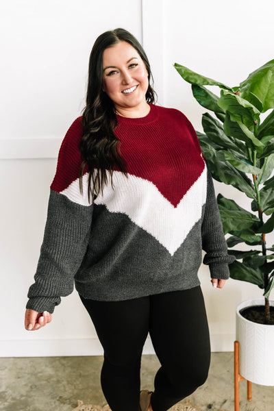 Cozy Knit Sweater In Burgundy White & Grey Chevron-Authentically Radd Women's Online Boutique in Endwell, New York