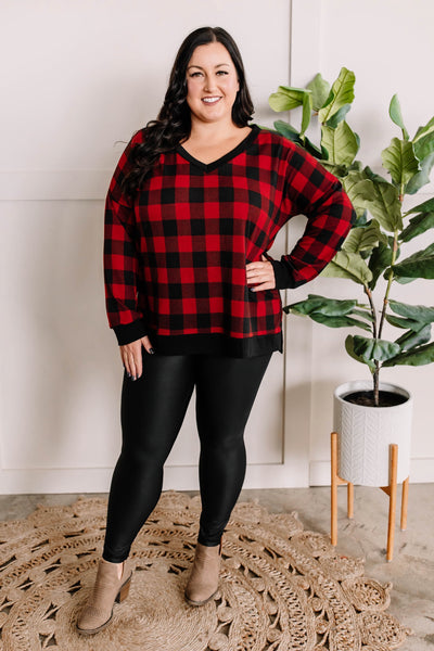 11.13 V Neck Long Sleeve Knit Top In Red Buffalo Plaid-Authentically Radd Women's Online Boutique in Endwell, New York