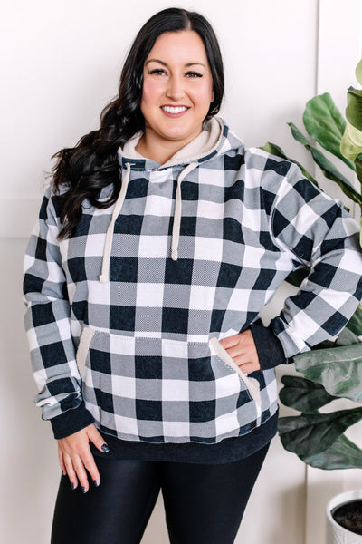 Checkered Plaid Sherpa Hoodie In Gray & White-Authentically Radd Women's Online Boutique in Endwell, New York