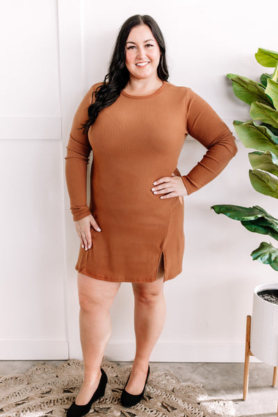 10.23 Ribbed Long Sleeve Dress With Slit Detail In Pumpkin Spice-Authentically Radd Women's Online Boutique in Endwell, New York