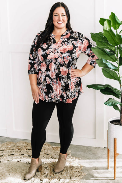 Gabby Neckline Babydoll Blouse In Black & Pink Florals-Authentically Radd Women's Online Boutique in Endwell, New York