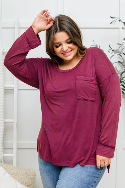 Long Sleeve Knit Top With Pocket In Burgundy-Womens-Authentically Radd Women's Online Boutique in Endwell, New York
