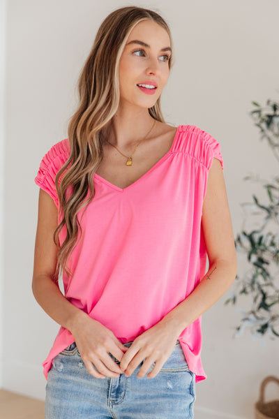 Ruched Cap Sleeve Top in Neon Pink-Womens-Authentically Radd Women's Online Boutique in Endwell, New York
