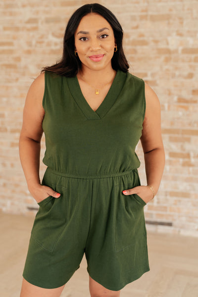 Sleeveless V-Neck Romper in Army Green-Jumpsuits & Rompers-Authentically Radd Women's Online Boutique in Endwell, New York