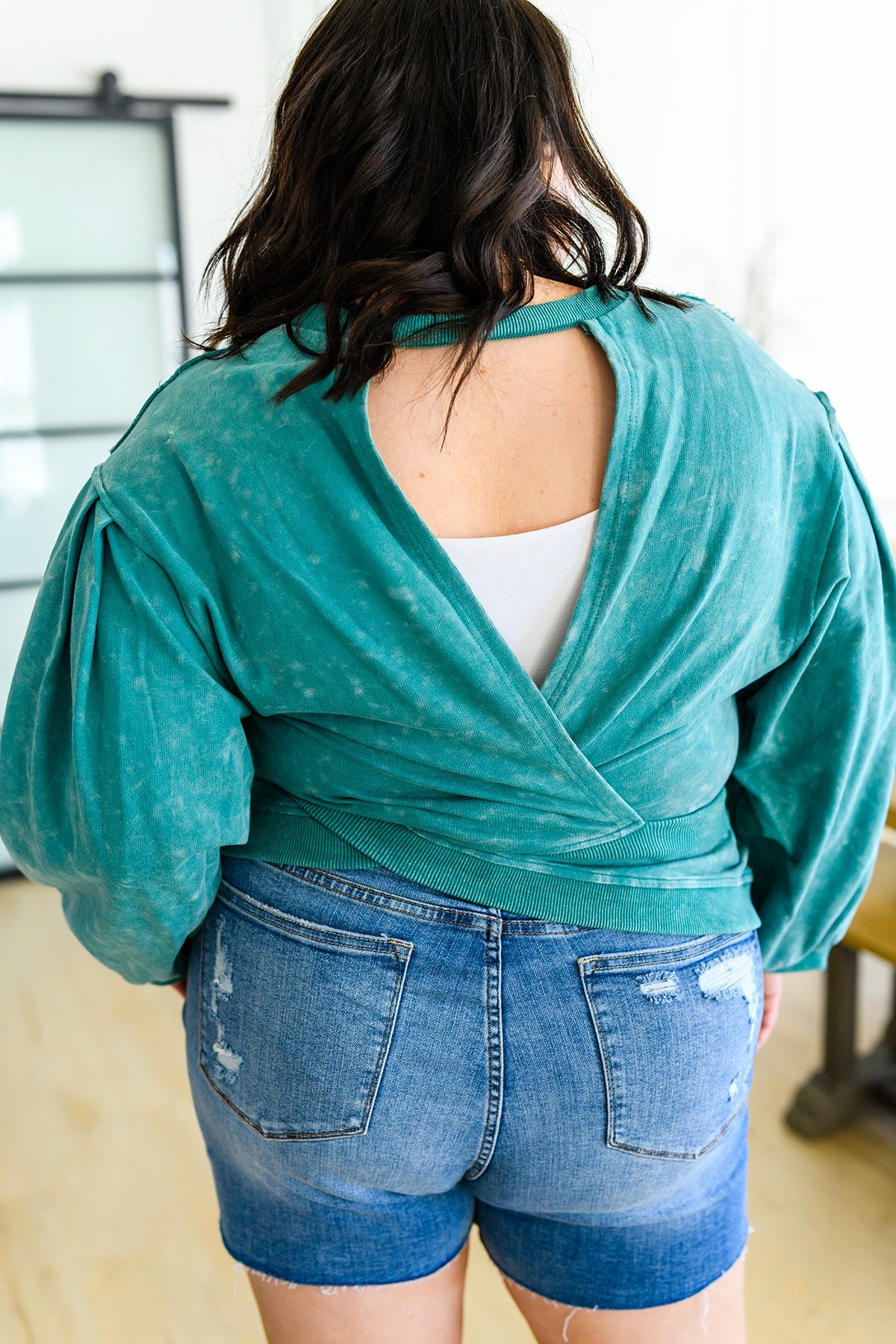 Tied Up In Cuteness Mineral Wash Sweater in Teal-Womens-Authentically Radd Women's Online Boutique in Endwell, New York