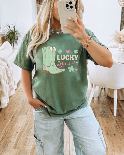 LUCKY GIRL TEE (COMFORT COLORS)-Authentically Radd Women's Online Boutique in Endwell, New York