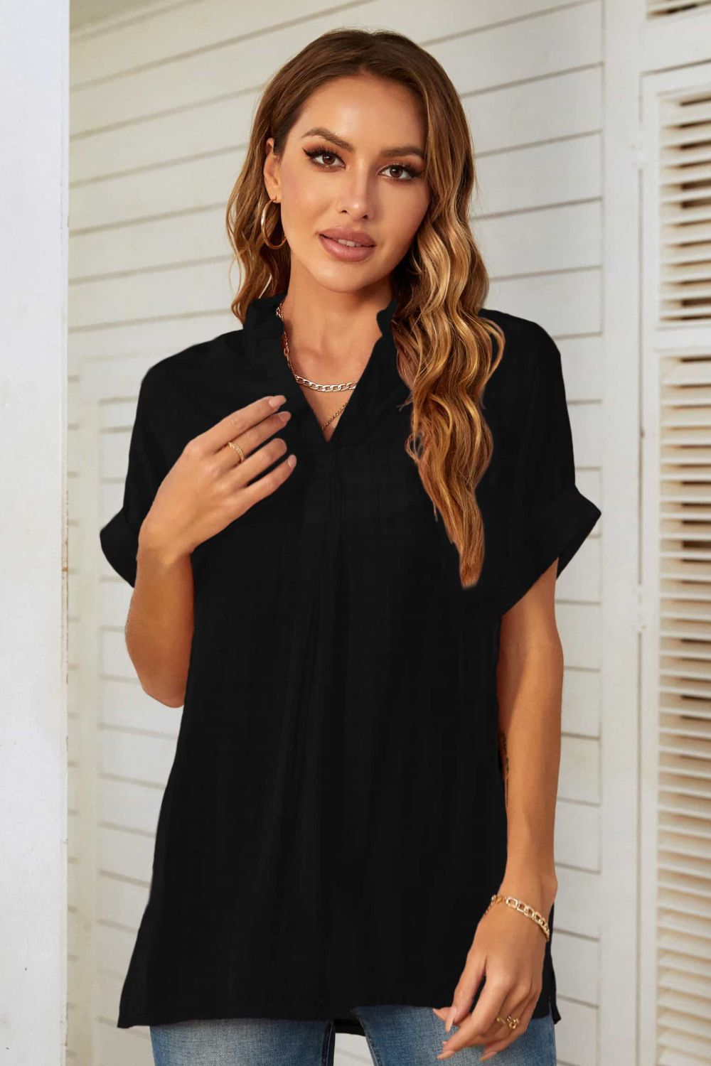 Notched Neck Slit Cuffed Blouse-Tops-Authentically Radd Women's Online Boutique in Endwell, New York