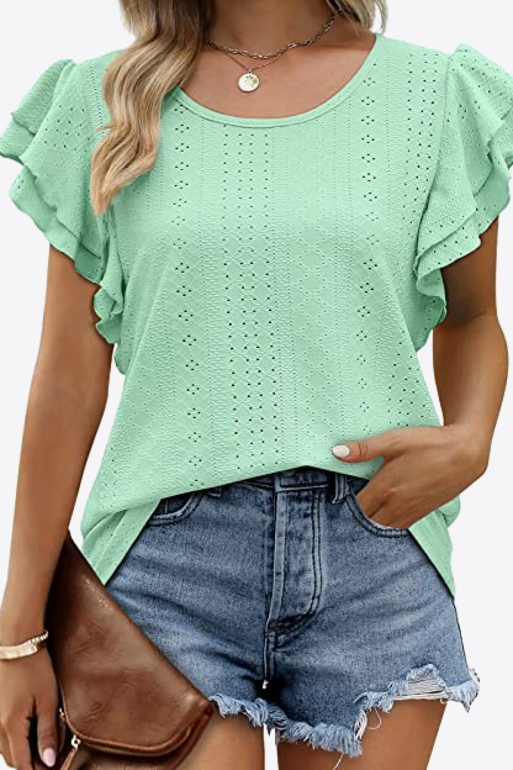 Round Neck Layered Flutter Sleeve Blouse-Authentically Radd Women's Online Boutique in Endwell, New York
