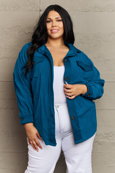 Zenana Cozy in the Cabin Full Size Fleece Elbow Patch Shacket in Teal-Authentically Radd Women's Online Boutique in Endwell, New York