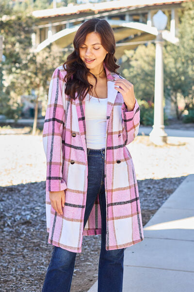 Double Take Full Size Plaid Button Up Lapel Collar Coat-Authentically Radd Women's Online Boutique in Endwell, New York