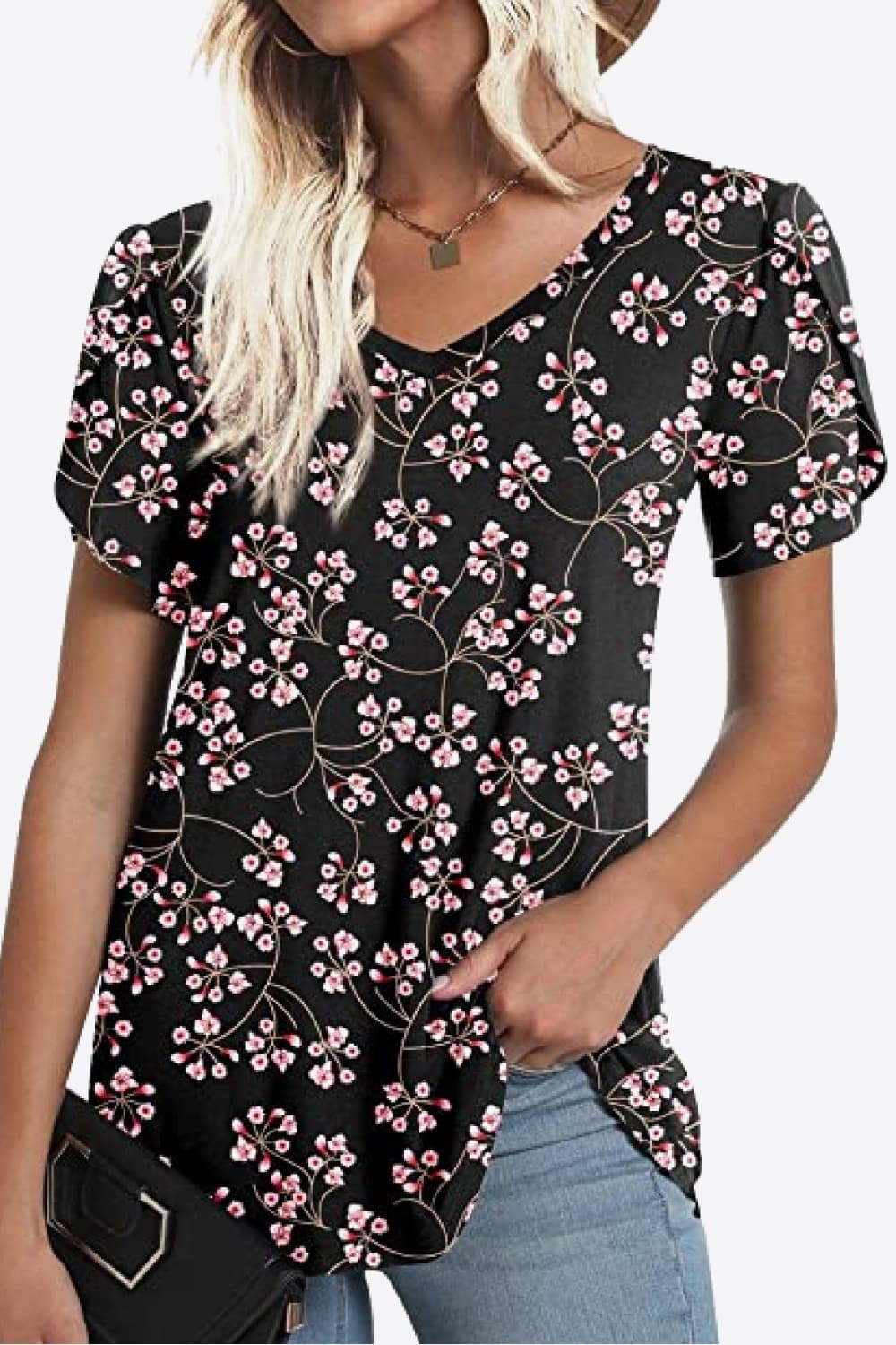 Printed Petal Sleeve V-Neck Blouse-Authentically Radd Women's Online Boutique in Endwell, New York