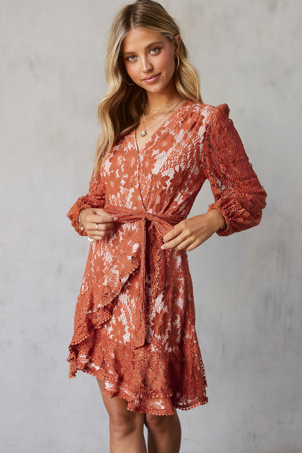 Pompom Trim Puff Sleeve Belted Lace Dress-Authentically Radd Women's Online Boutique in Endwell, New York
